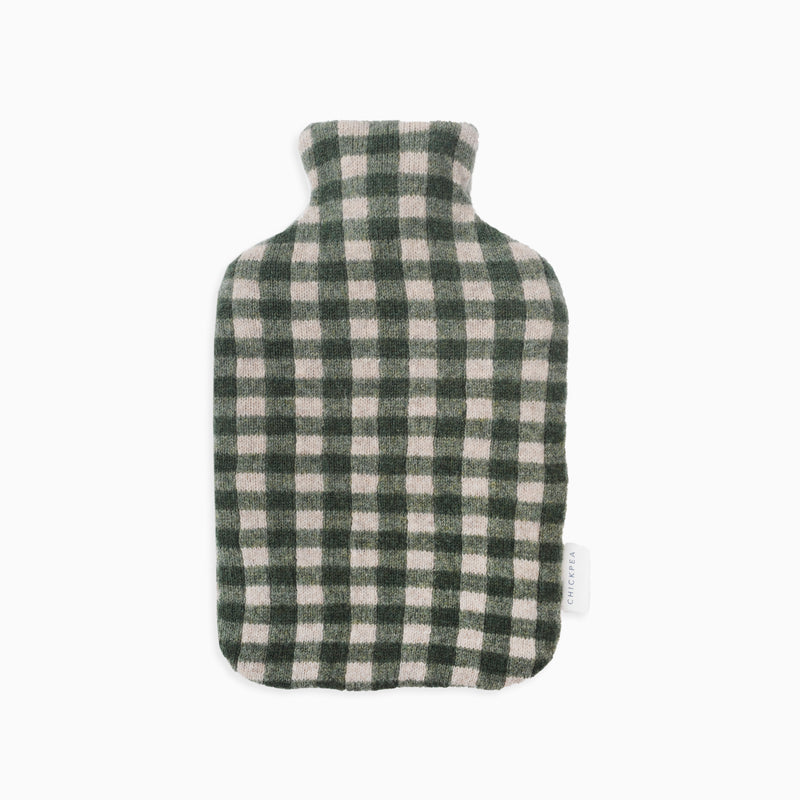 Green and cream check soft lambswool hot water bottle made by British maker Chickpea