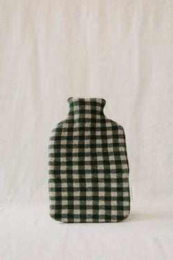 Green and cream check soft lambswool hot water bottle made by British maker Chickpea