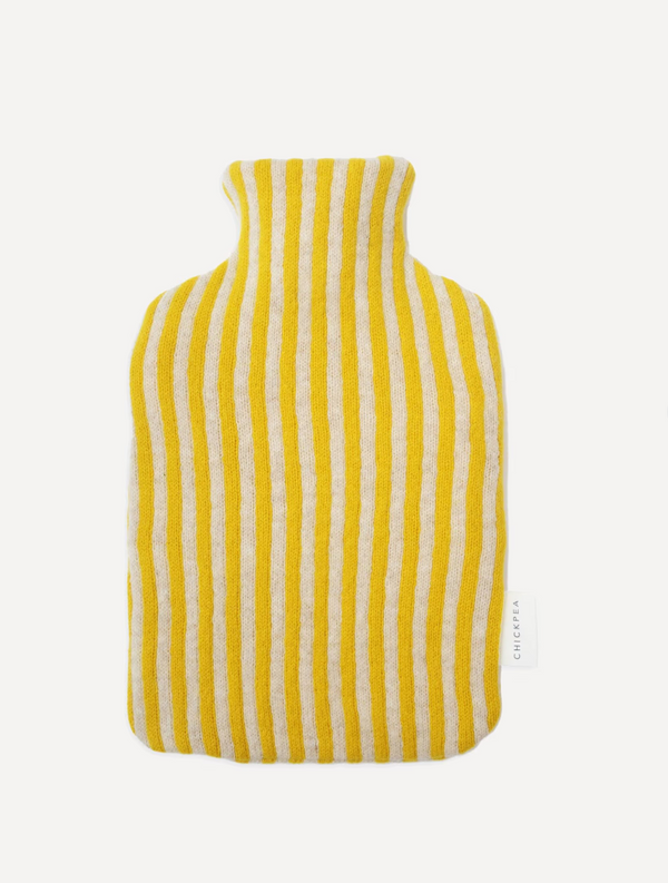 Chickpea lambswool hot water bottle cover in a yellow and white stripe british made