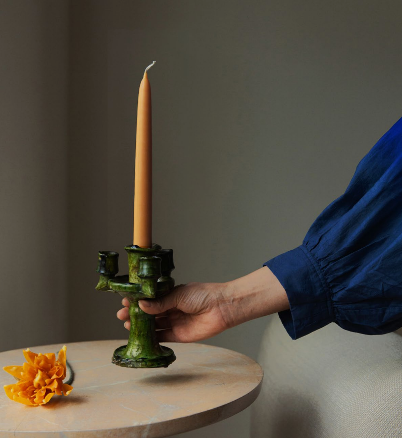 Candle on table photograph detail, natural yellow, made from beeswax, Ondine Ash