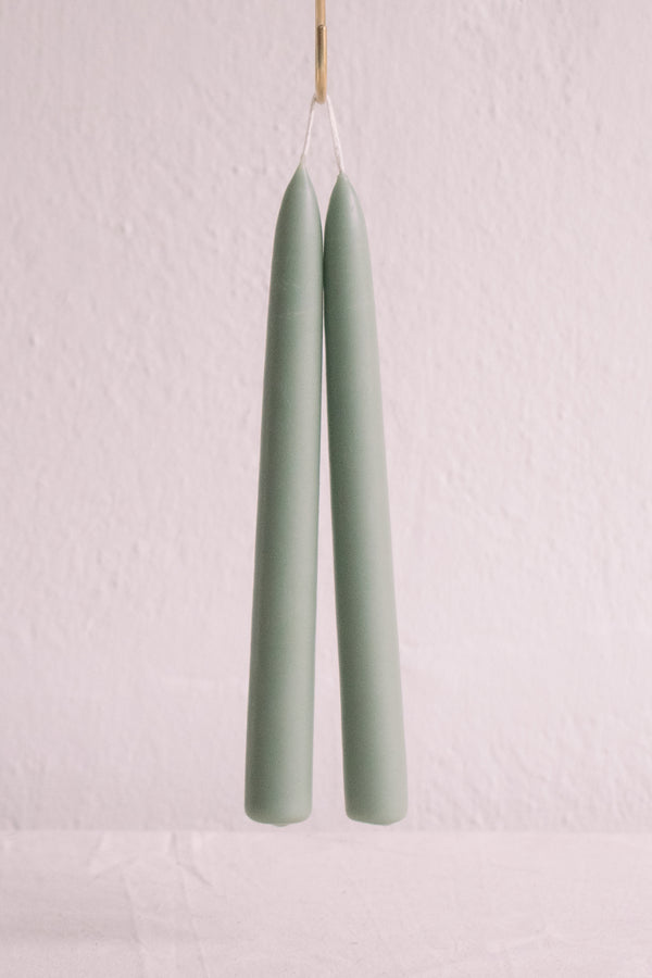 Candle pair photograph detail, matcha pale green colour, made from beeswax, Ondine Ash