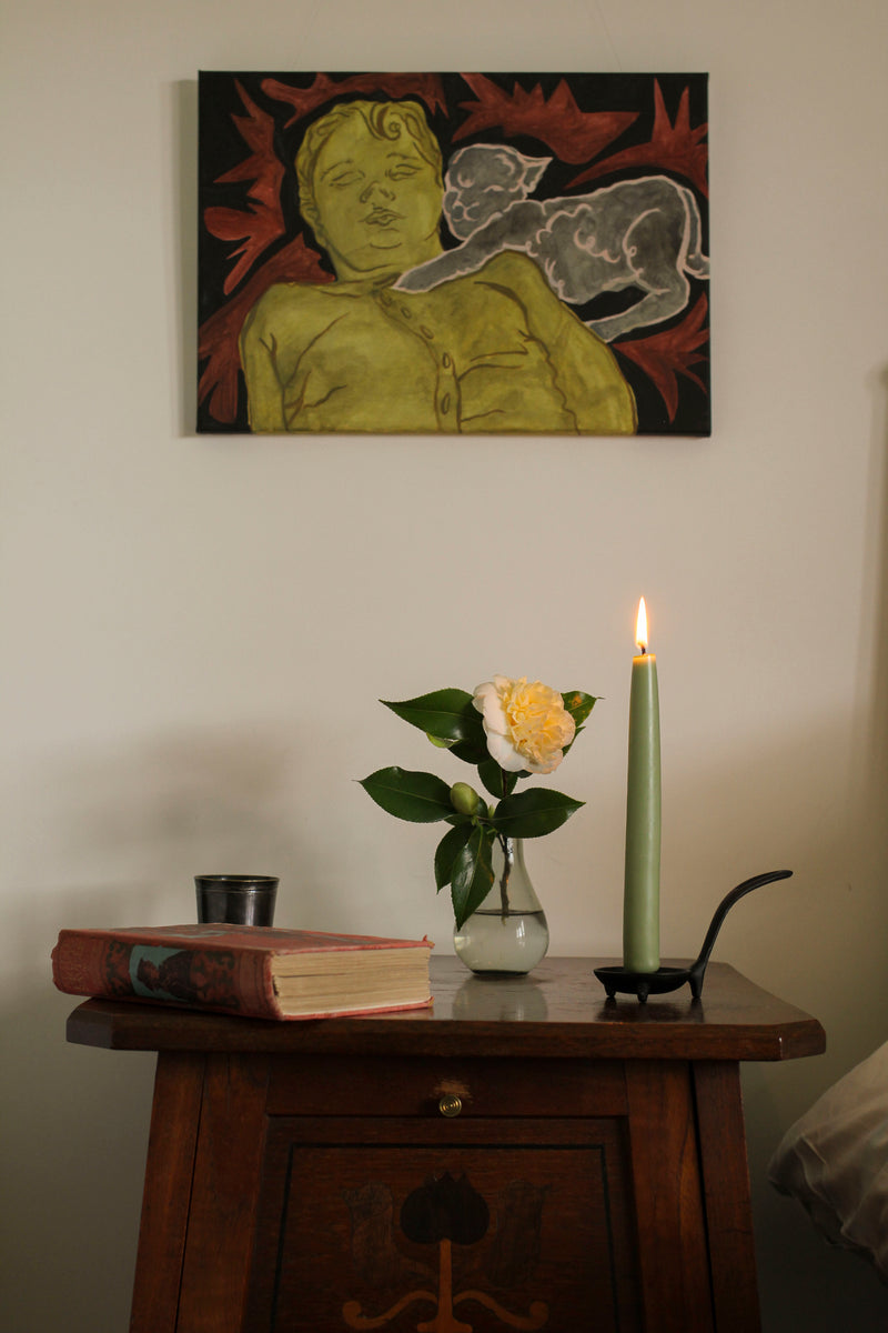 Candle in candle holder room photograph detail, matcha green colour, made from beeswax, Ondine Ash