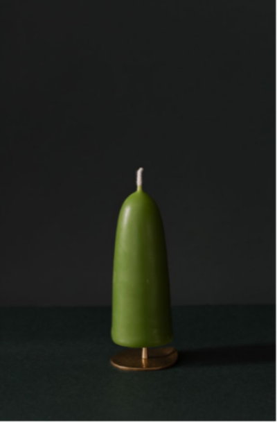 single candle photograph detail sat on brass spike, made from beeswax, Ondine Ash