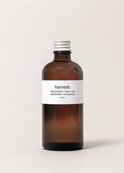 photgraph of a bottle of bath oil by Harvest